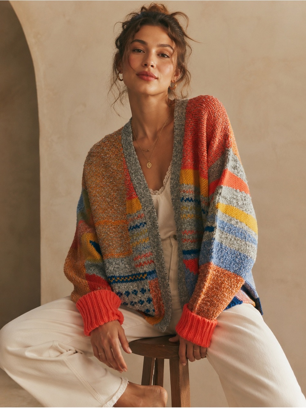 Moon & Madison Colorblock Patchwork Chunky Knit Oversized Cardigan Sweater